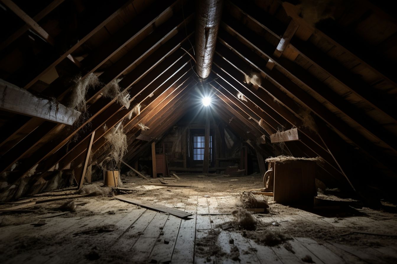 Attic with poor ventilation, moisture, and mold growth. Attic with poor ventilation, moisture, and mold growth.