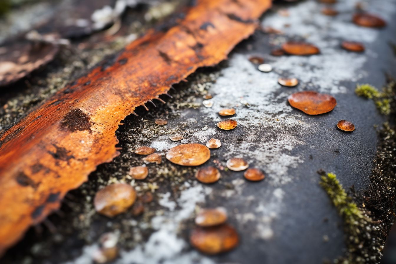 Fungal growth and water stains on a roof, captured in nature. Fungal growth and water stains on a roof, captured in nature.