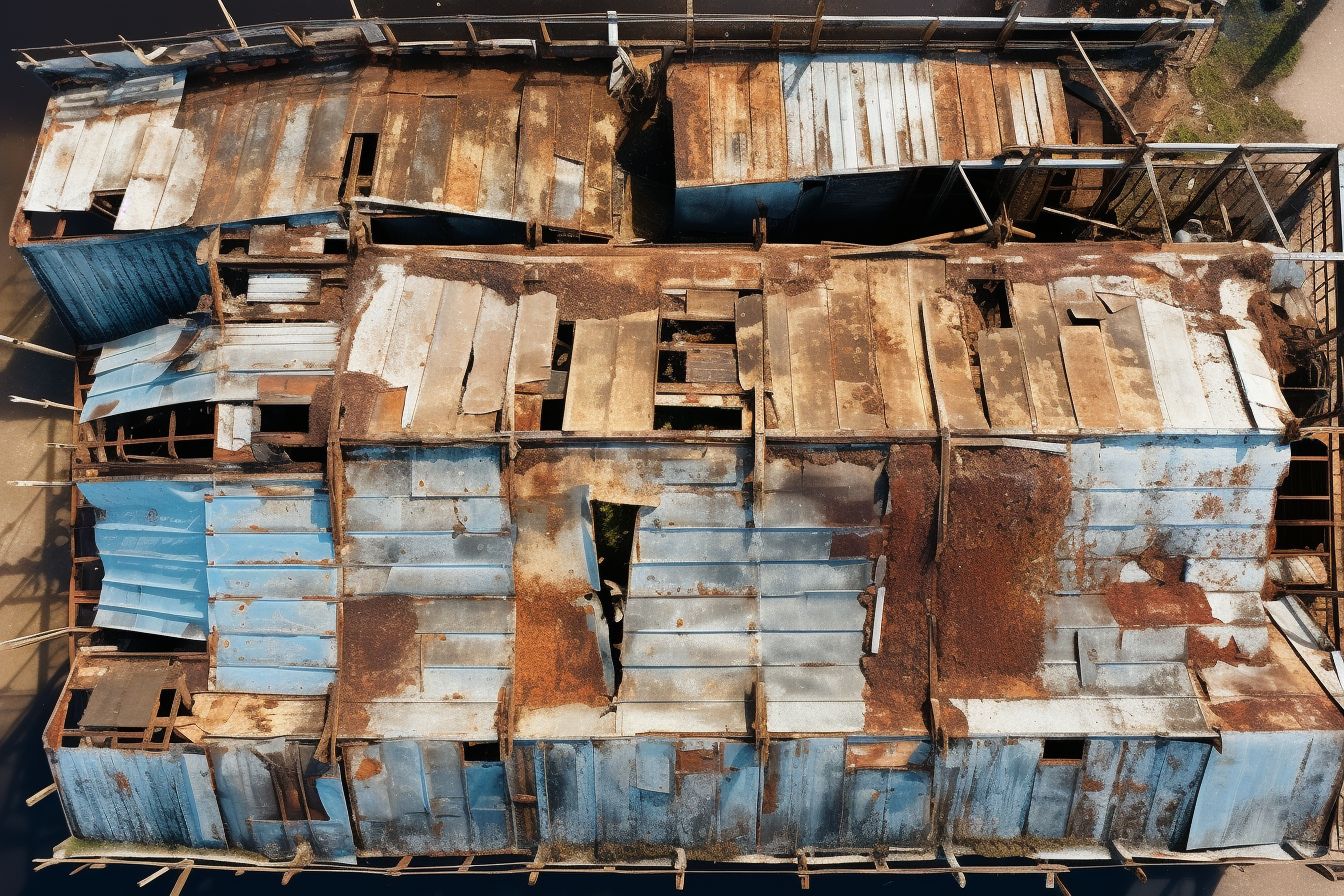 Aerial photo showing a deteriorating roof with signs of rot. Aerial photo showing a deteriorating roof with signs of rot.