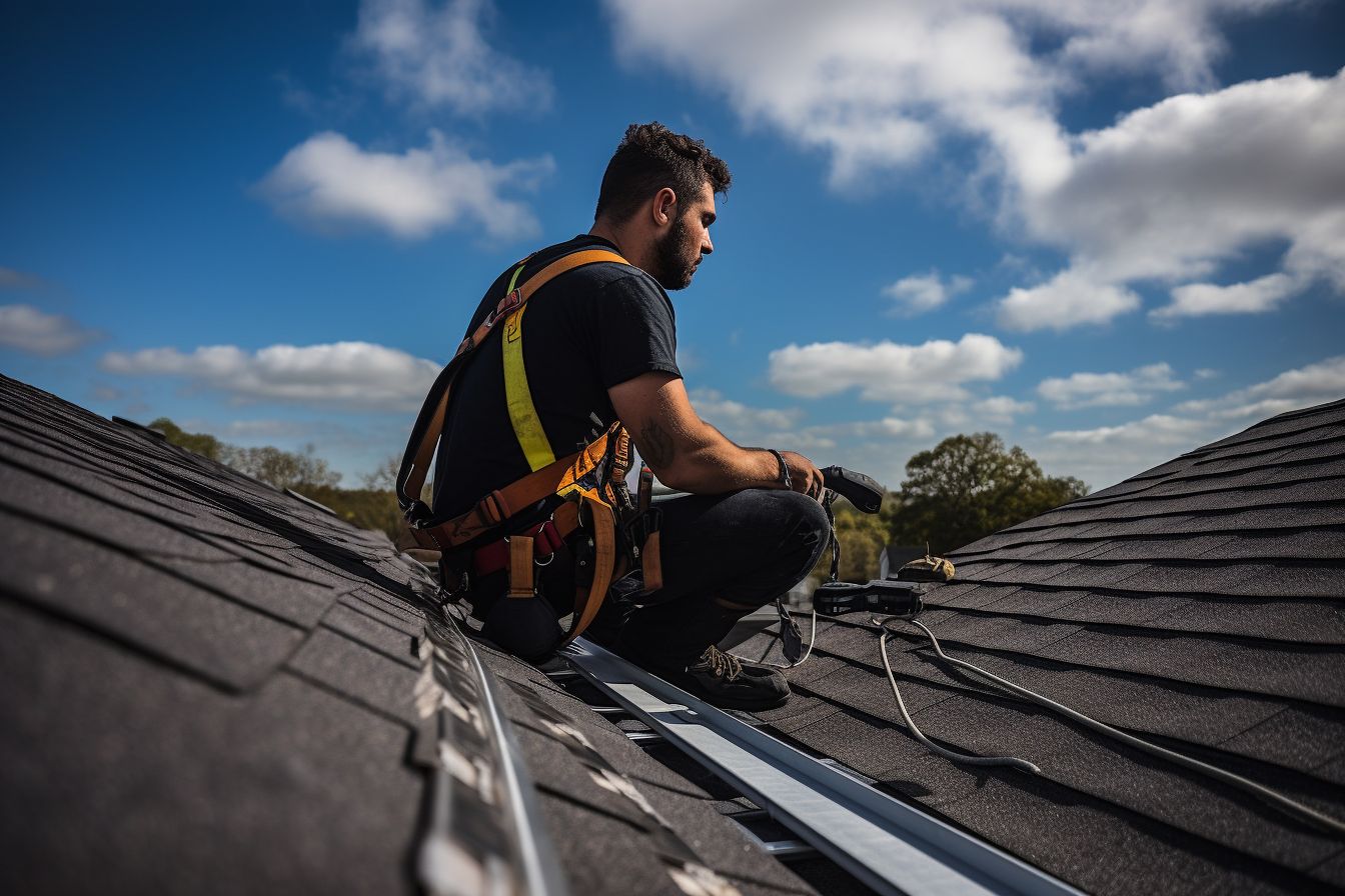 A roofer inspecting a leaky roof with tools and ladder. A roofer inspecting a leaky roof with tools and ladder.
