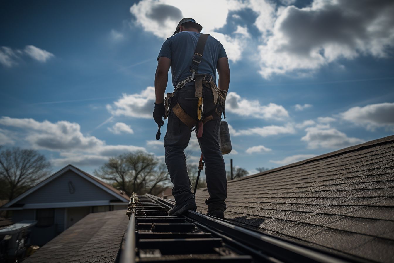 A roofer inspecting a roof for leaks using a ladder. A roofer inspecting a roof for leaks using a ladder.