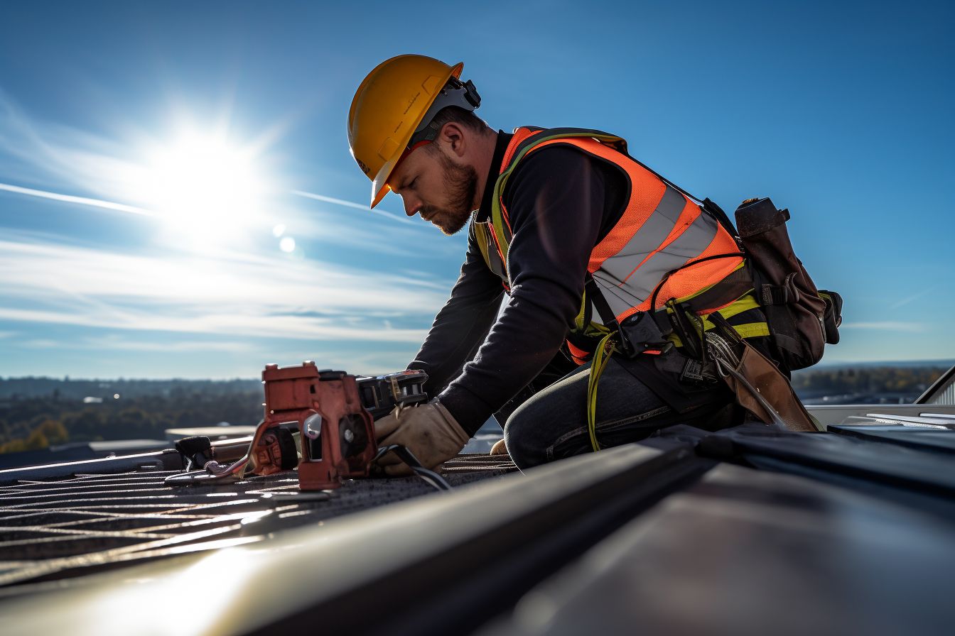 Professional roofer inspecting a roof with specialized equipment. Professional roofer inspecting a roof with specialized equipment.