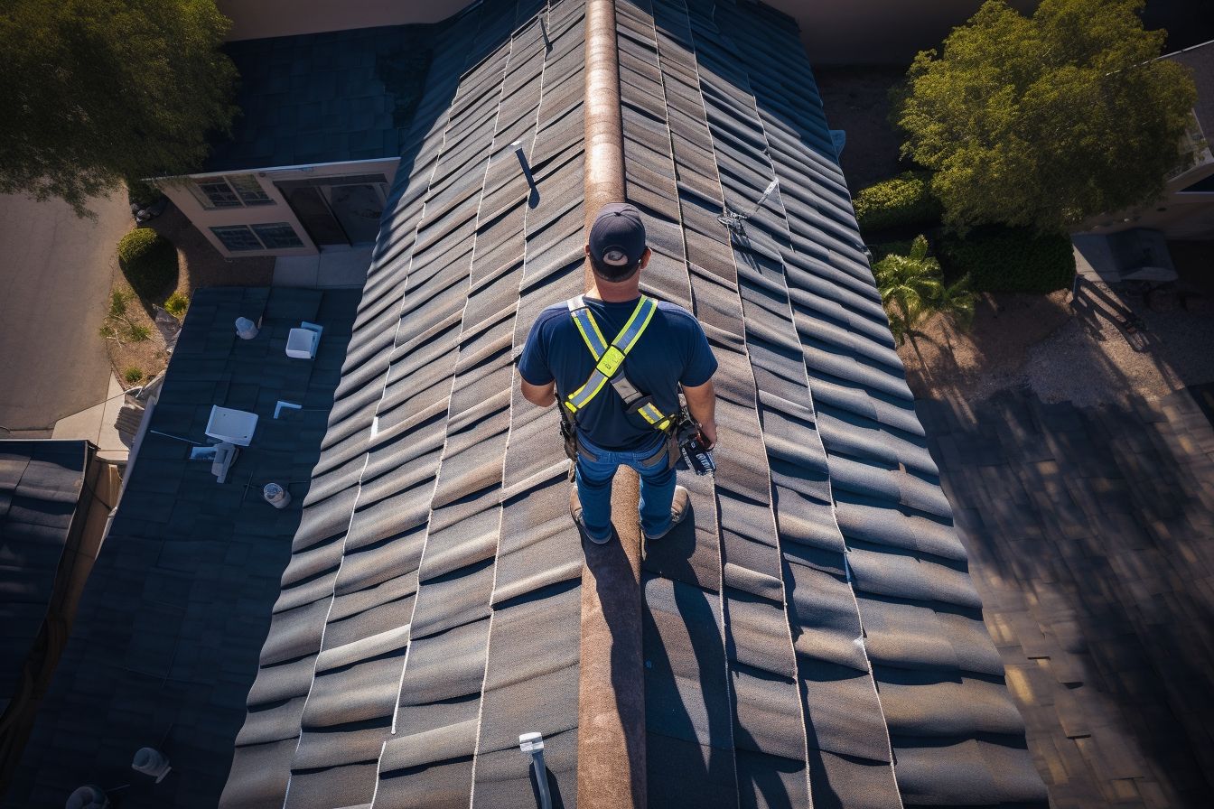 Professional roofer inspecting clean, well-maintained roof captured by drone camera. Professional roofer inspecting clean, well-maintained roof captured by drone camera.