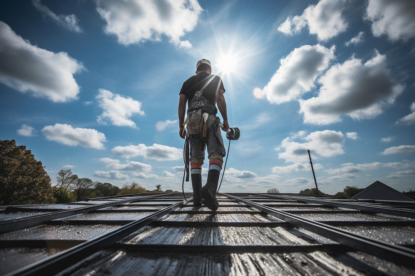 A Caucasian professional cleans a roof using a power washer. A Caucasian professional cleans a roof using a power washer.