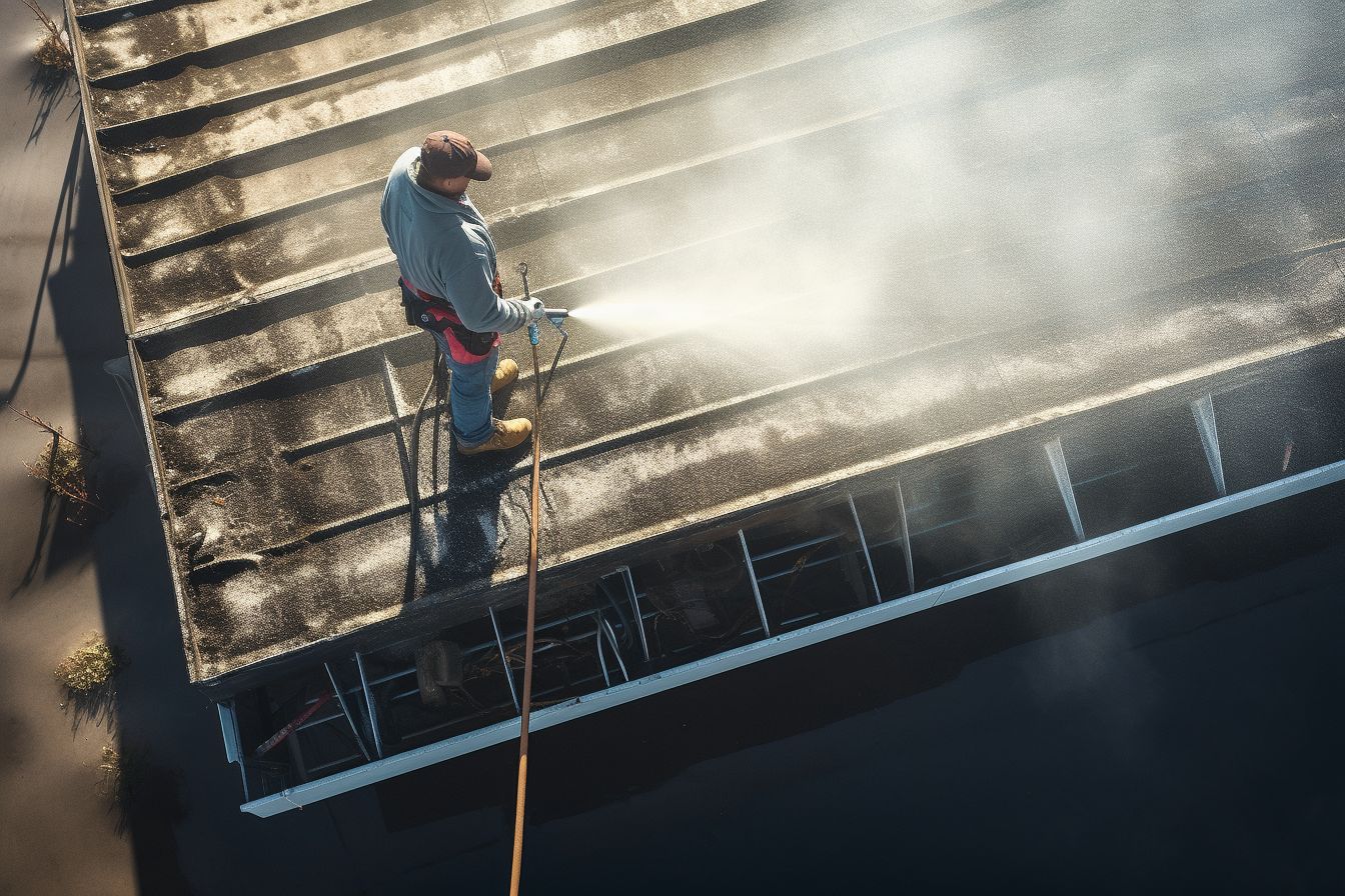 A roof cleaner using a power washer to clean a roof. A roof cleaner using a power washer to clean a roof.