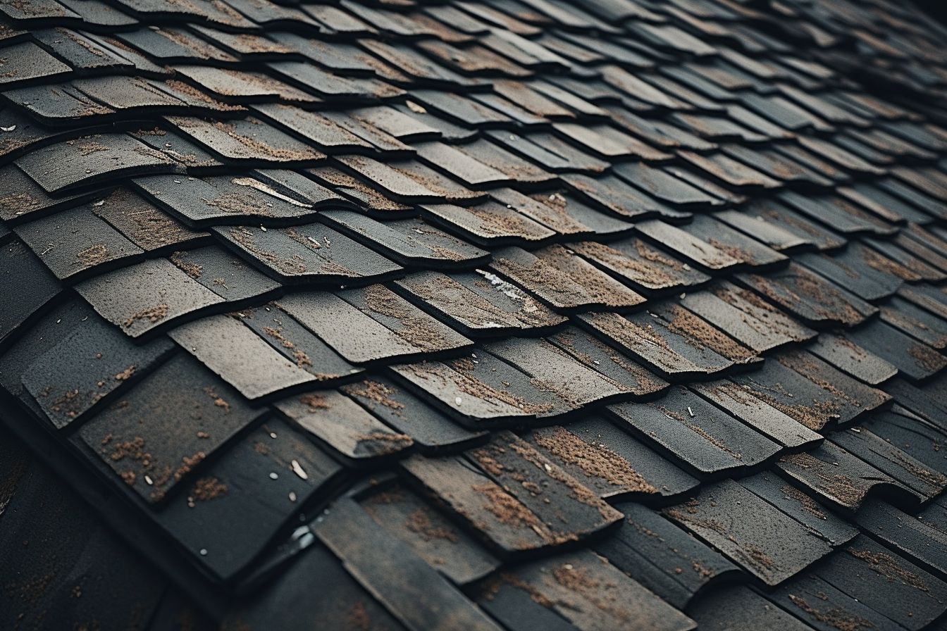 Close-up of a rooftop with curled or buckled shingles captured by a drone. Close-up of a rooftop with curled or buckled shingles captured by a drone.