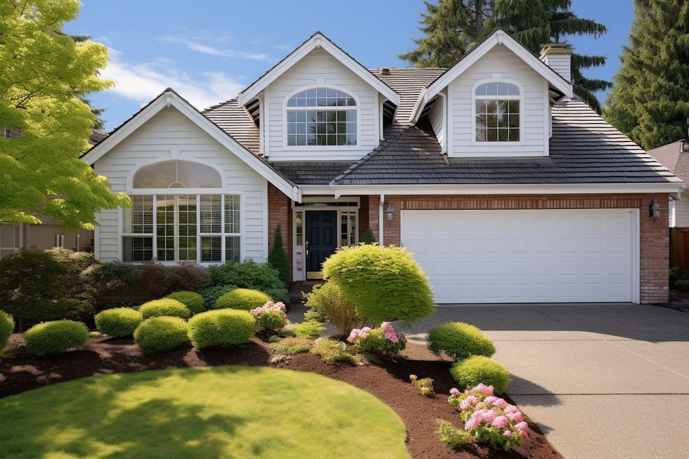 A suburban house with a new roof, increasing curb appeal. A suburban house with a new roof, increasing curb appeal.