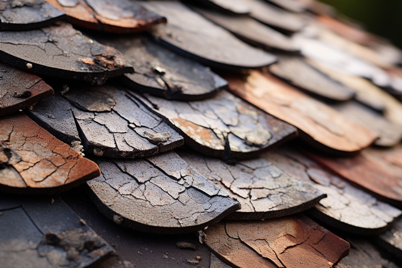 Close-up photo of damaged and worn roof shingle. Close-up photo of damaged and worn roof shingle.