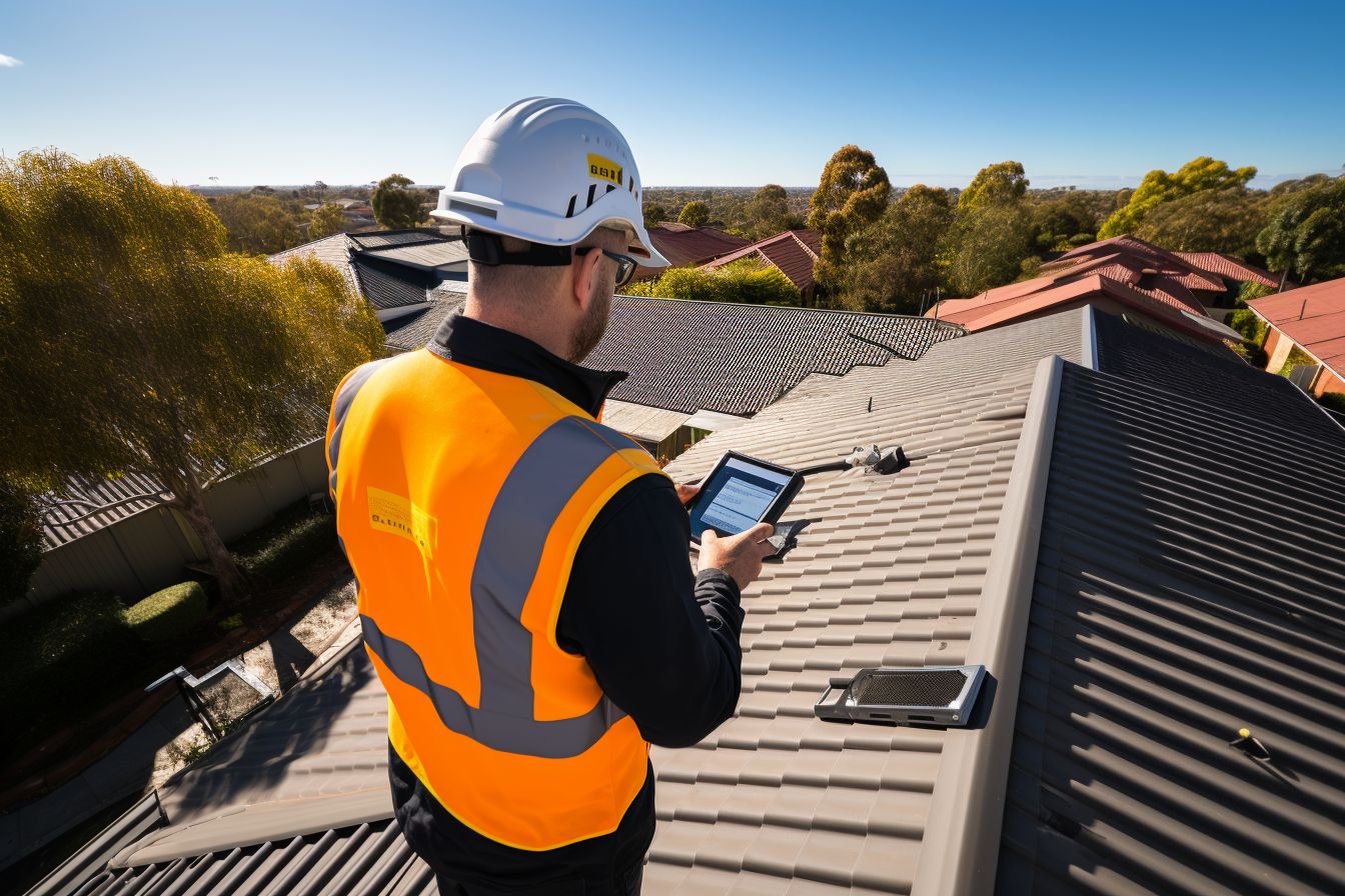 Professional roof inspector using a drone camera for examination. Professional roof inspector using a drone camera for examination.
