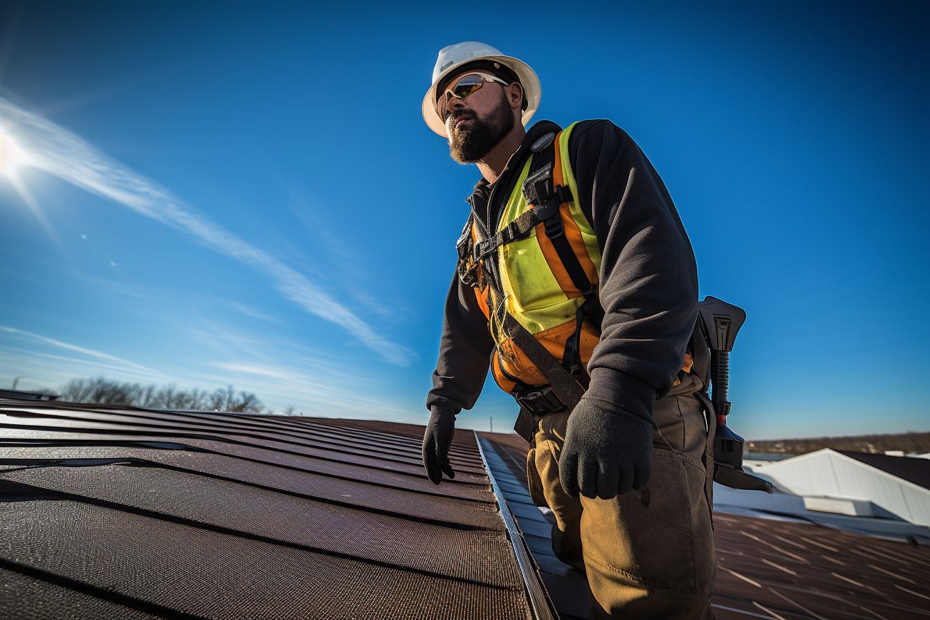 Roofing contractor inspects a roof deck for damage. Roofing contractor inspects a roof deck for damage.