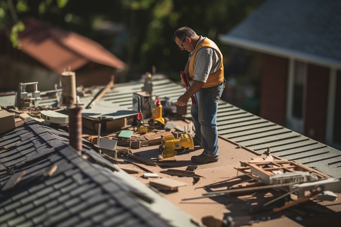 A contractor inspects a damaged roof with tools. A contractor inspects a damaged roof with tools.