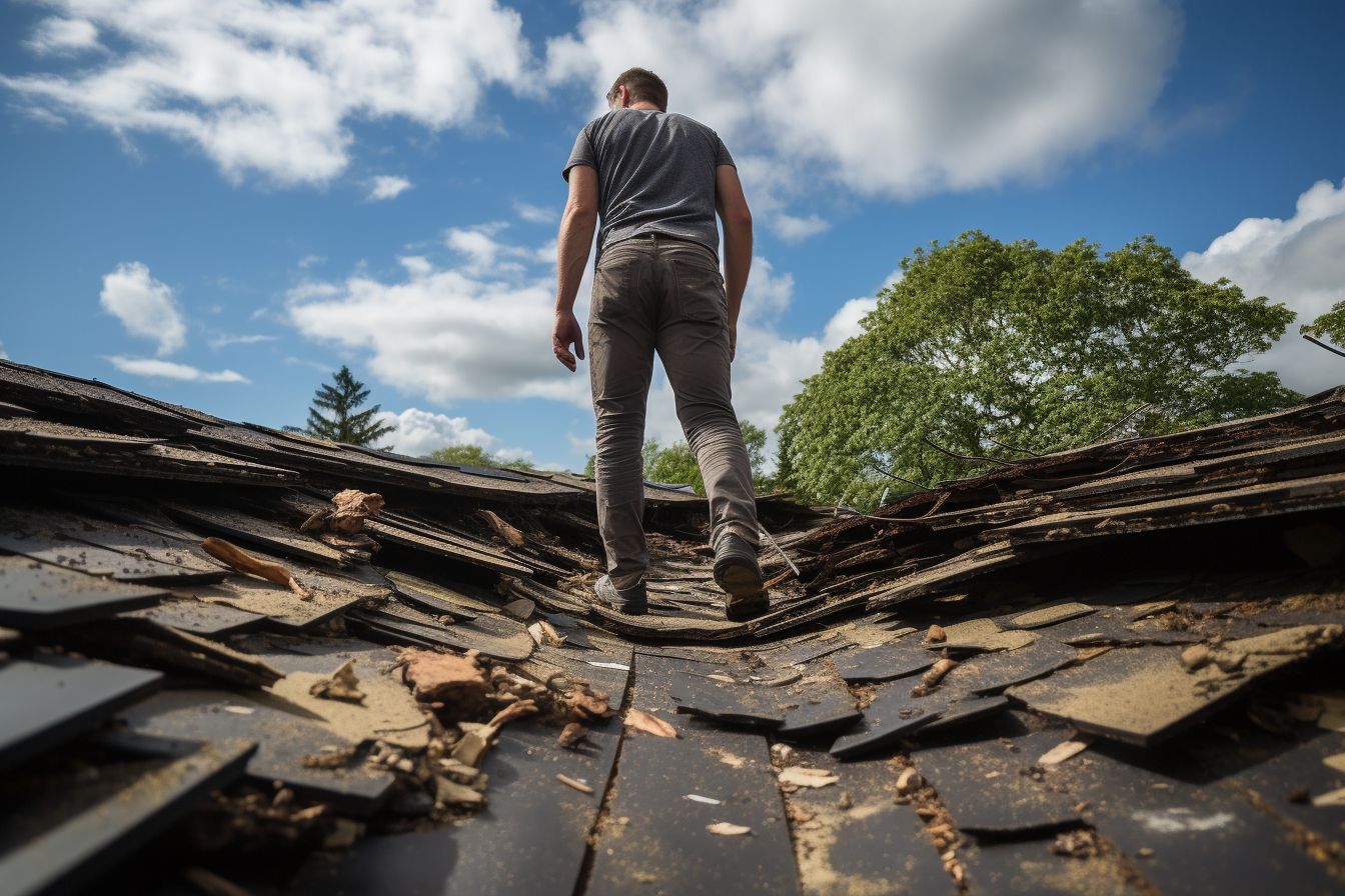 A roofer inspecting a partially damaged roof. A roofer inspecting a partially damaged roof.
