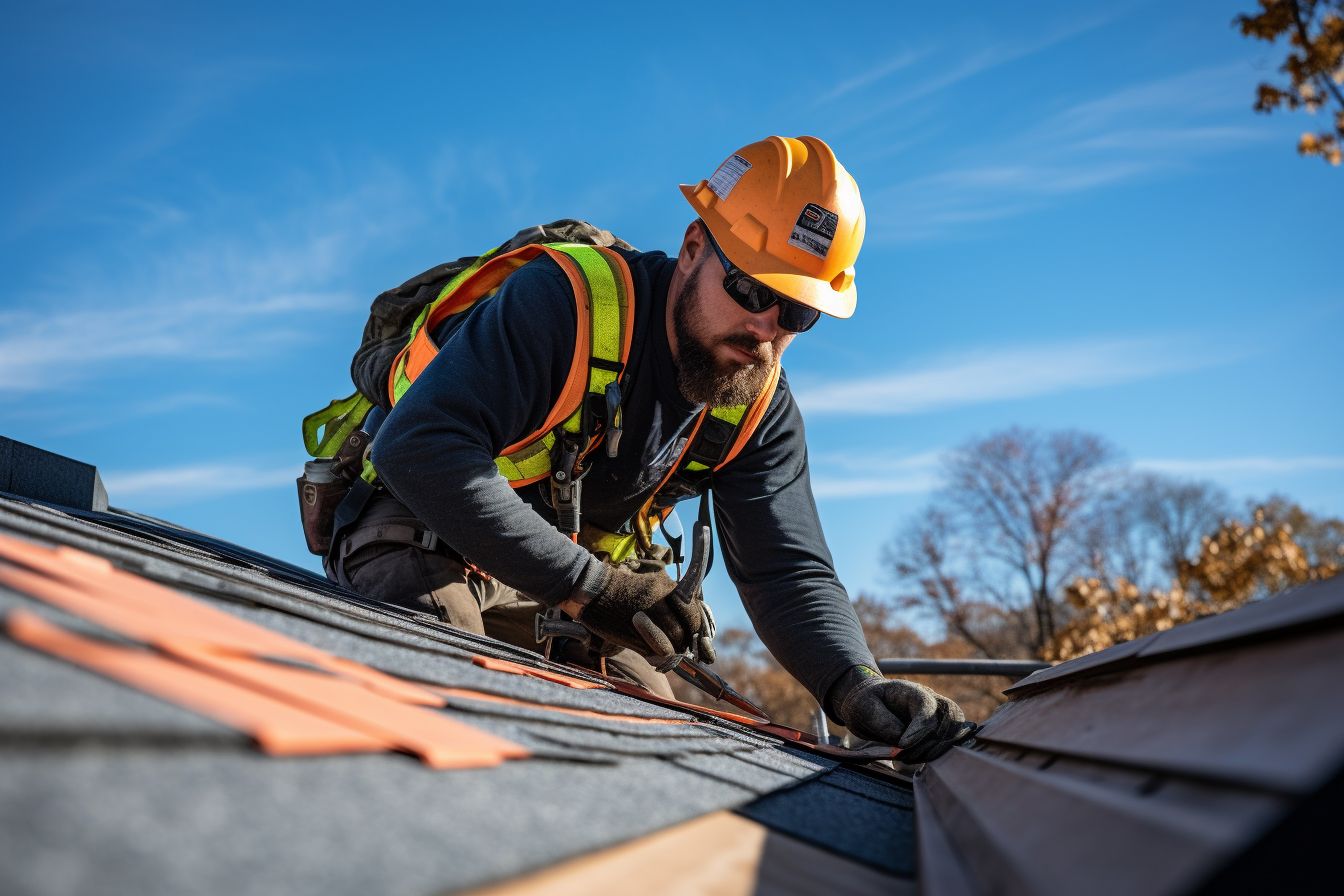 Construction worker installing shingles on a steep roof. Construction worker installing shingles on a steep roof.