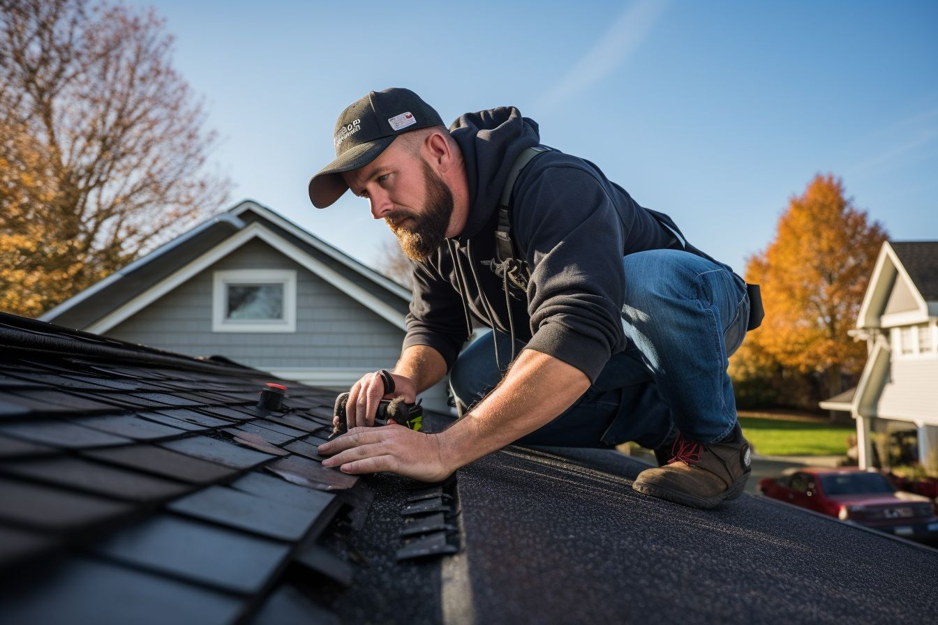 A roofer installing asphalt shingles on a house. A roofer installing asphalt shingles on a house.