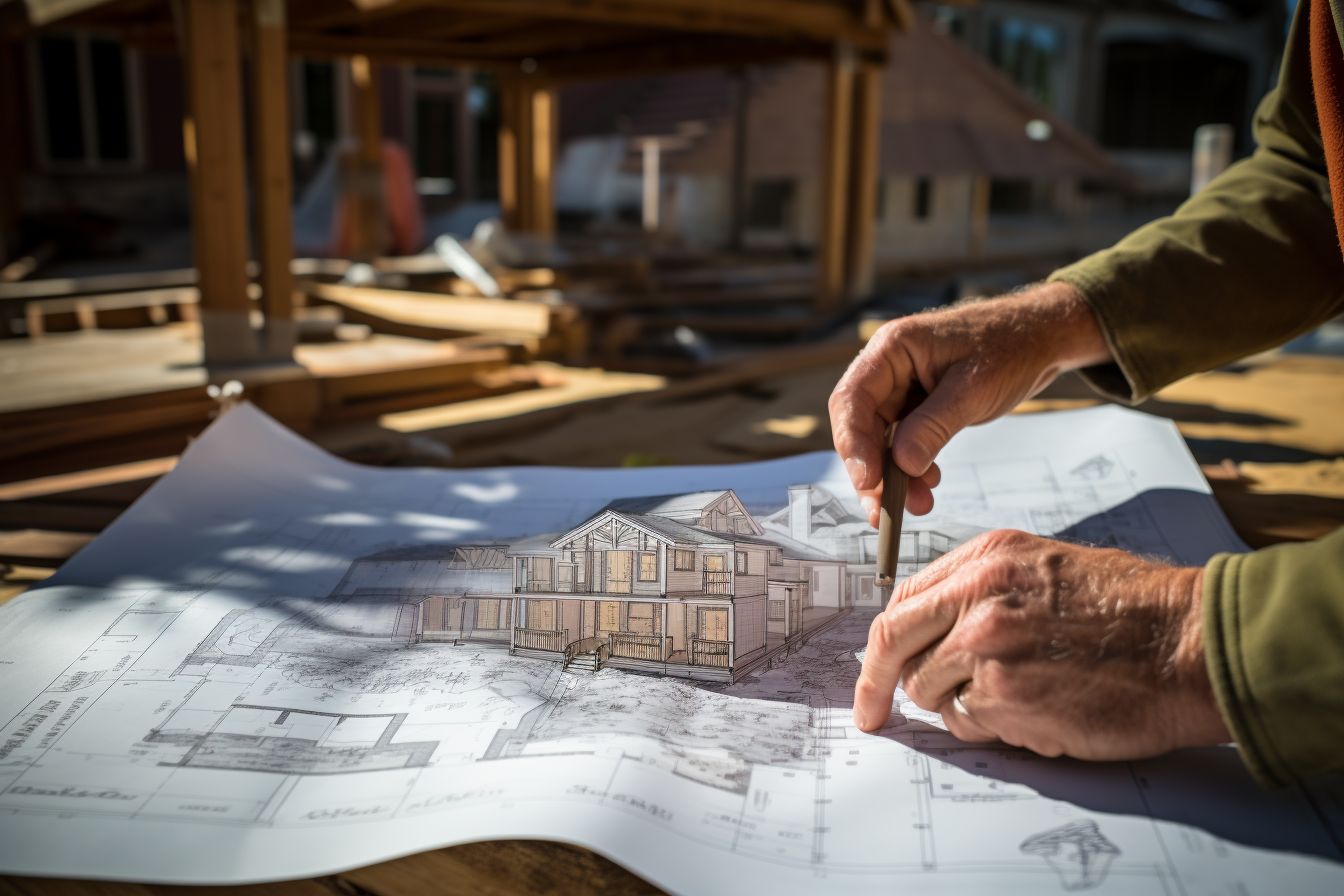 A contractor holds architectural plans surrounded by roofing materials. A contractor holds architectural plans surrounded by roofing materials.