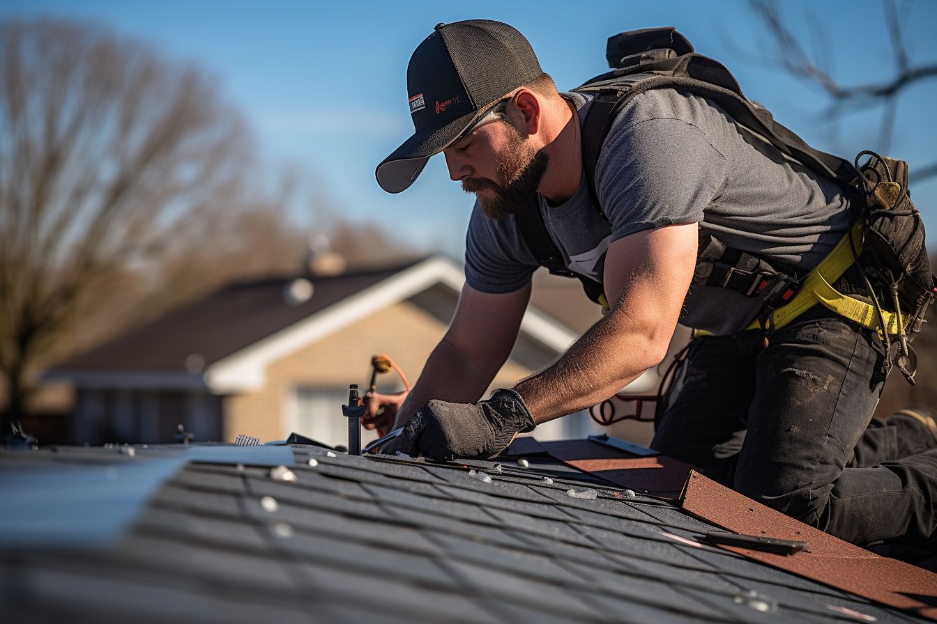 A skilled roofer installing shingles on a residential roof. A skilled roofer installing shingles on a residential roof.