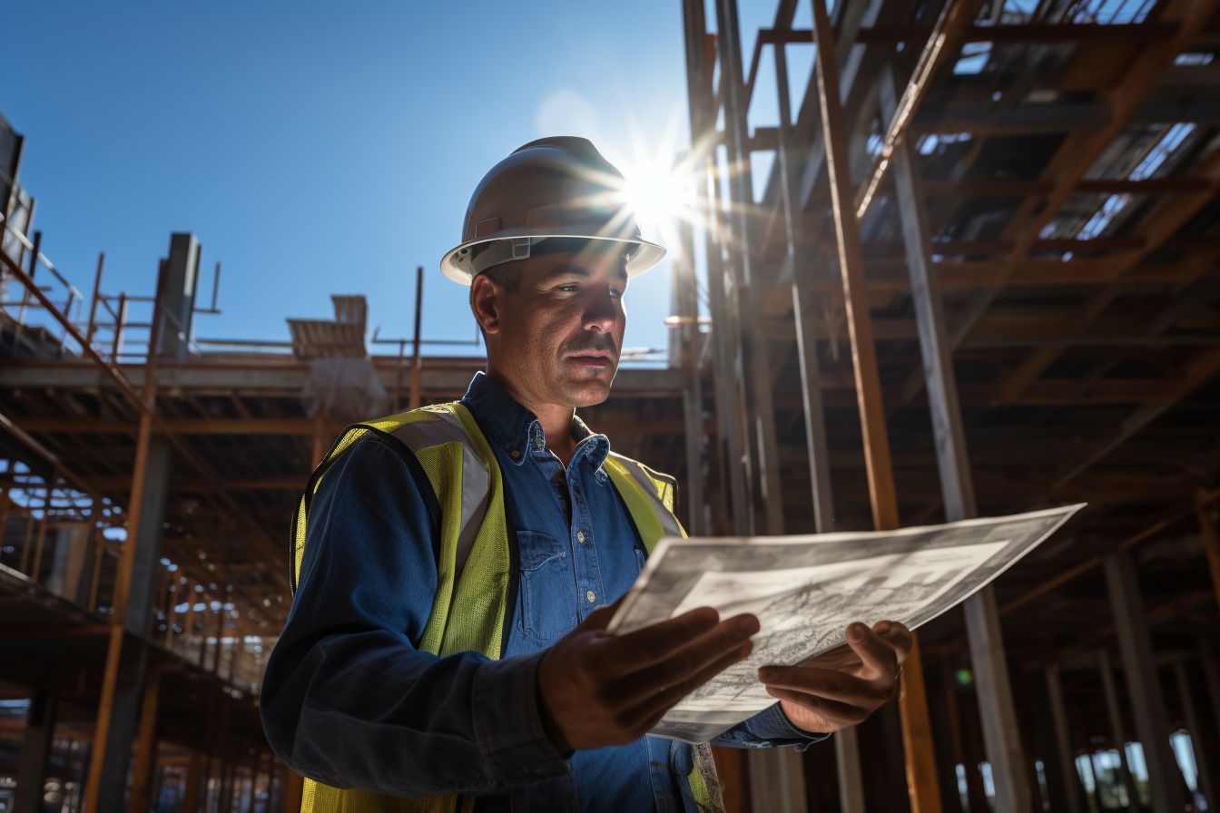 Confident Caucasian contractor inspecting blueprints at construction site. Confident Caucasian contractor inspecting blueprints at construction site.