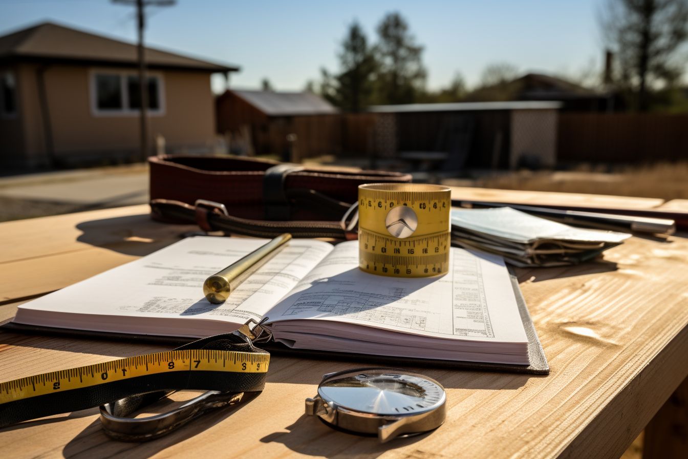 A still life photo of an open handbook with roofing supplies. A still life photo of an open handbook with roofing supplies.