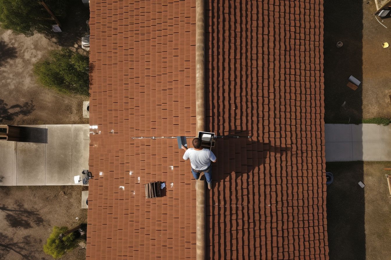 A person using measuring tools to inspect their roof from above.