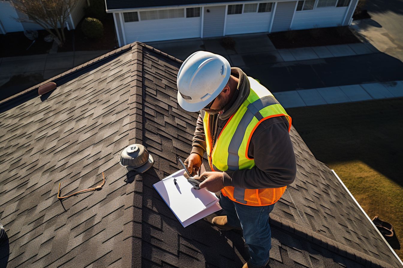 Contractor inspecting roof using drone for aerial photography with measuring tape.