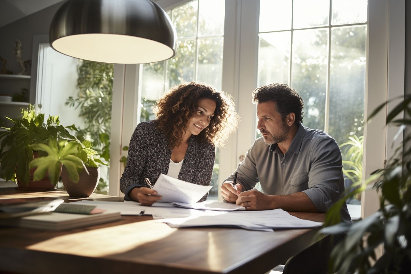 A couple discussing financial options for roof replacement.
