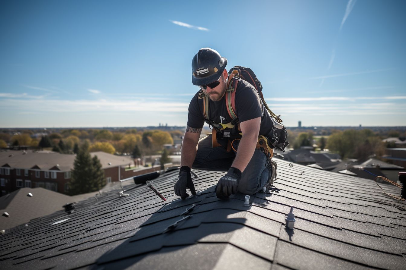 A Caucasian person installing a roof confidently with safety gear.