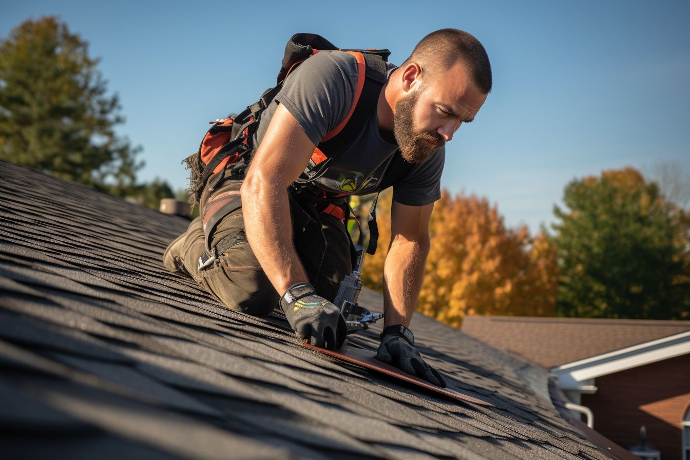A professional roofer working on a house roof with tools.