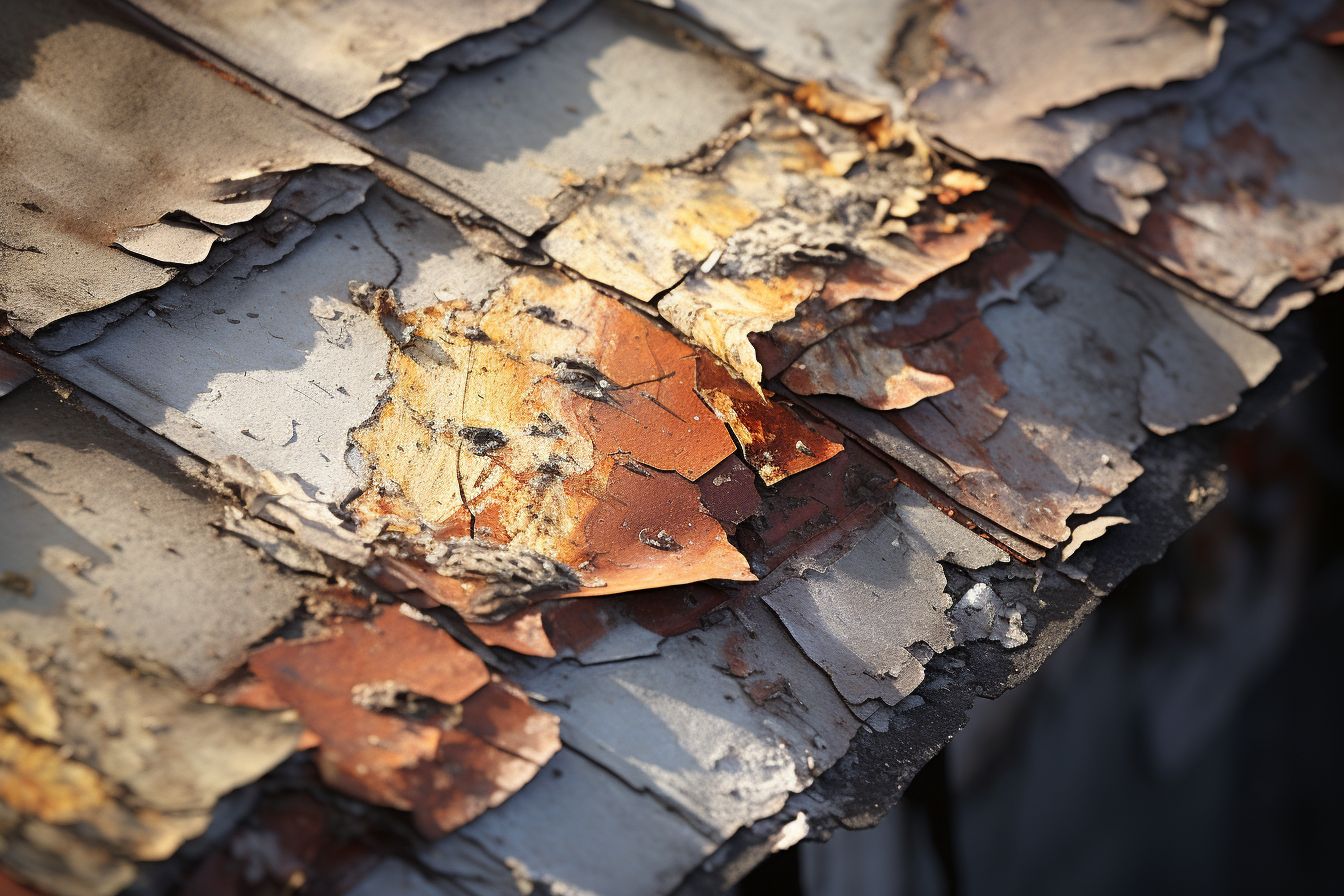 Close-up of a damaged roof, emphasizing the need for replacement.
