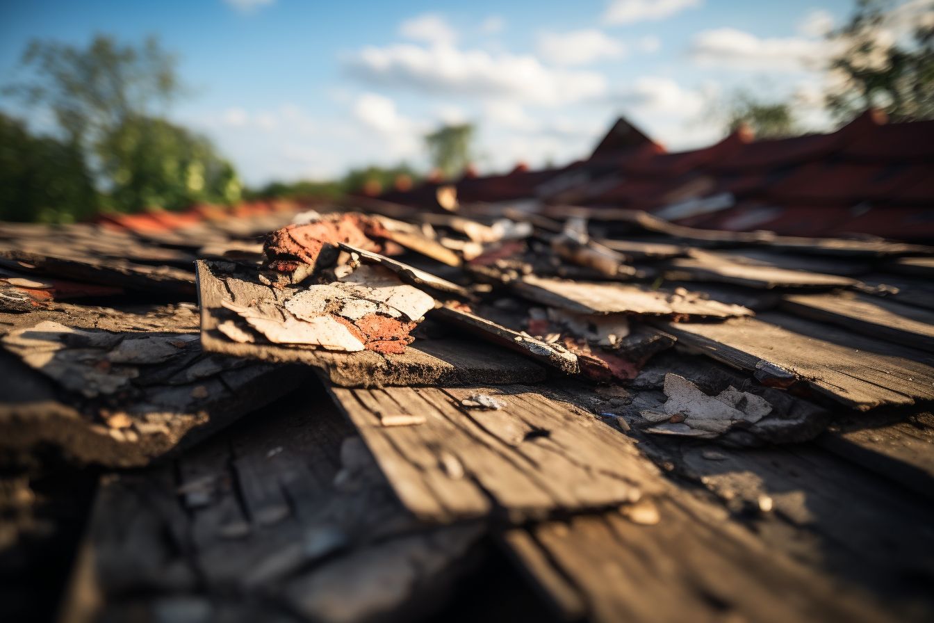 Close-up of damaged roof with missing and damaged shingles.