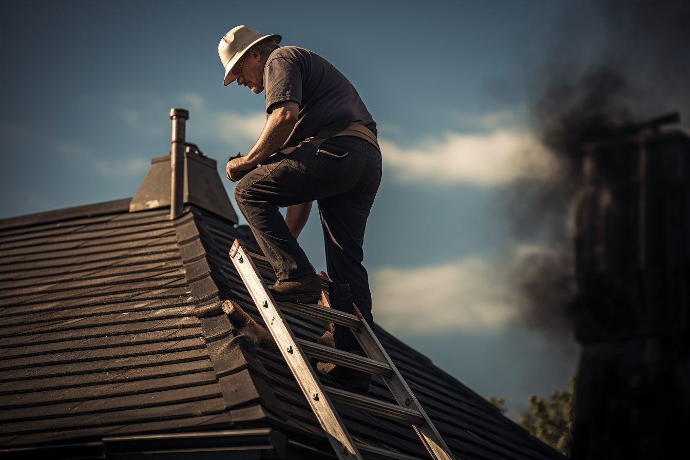 Roof inspector examining shingles and chimney on a rooftop.