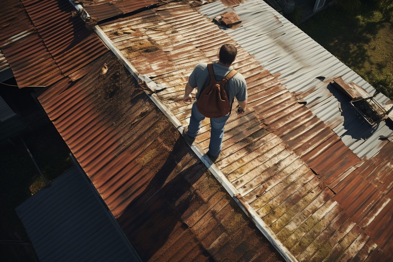 Professional roofing contractor inspecting worn-out roof using drone photography.