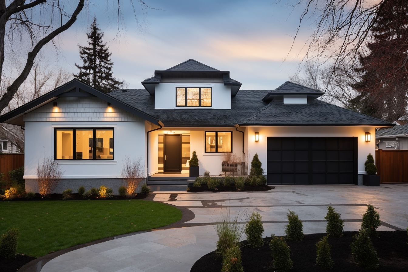 Renovated home with a new roof in a cityscape setting.