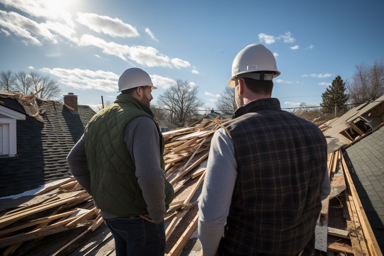 Homeowner examines damaged roof with contractor in architectural photography.