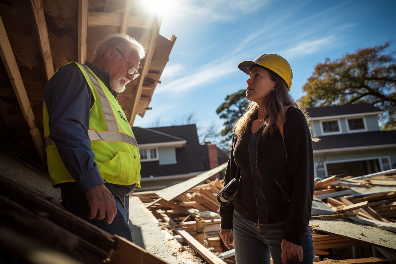 An experienced contractor assesses roof damage with a homeowner.
