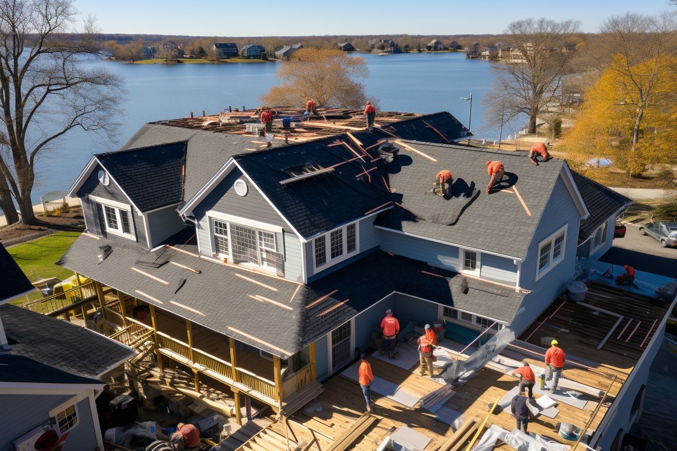 A team of roofers working on a residential roof captured by a drone camera.