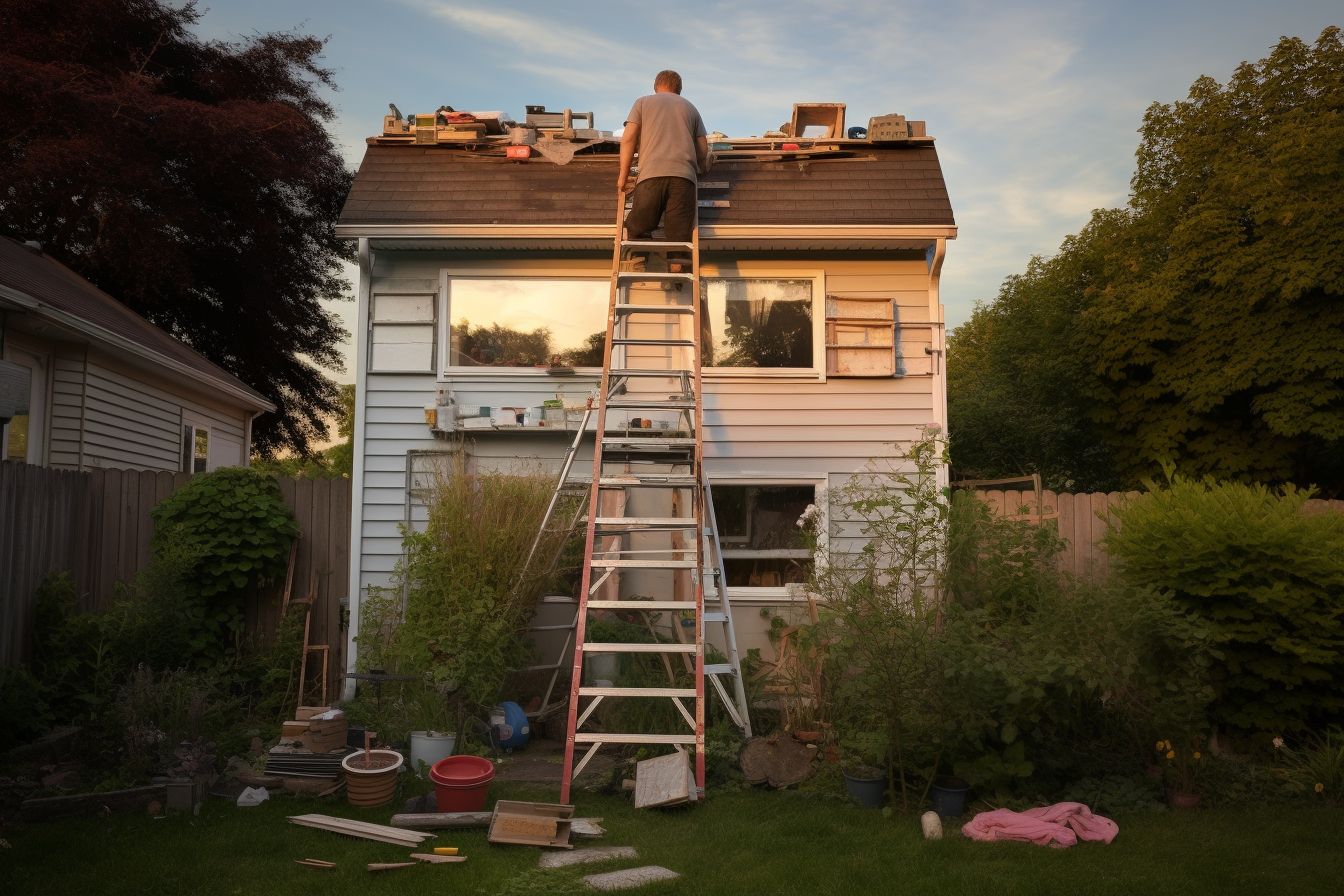 Homeowner clearing clutter from yard with ladder and roofing materials.