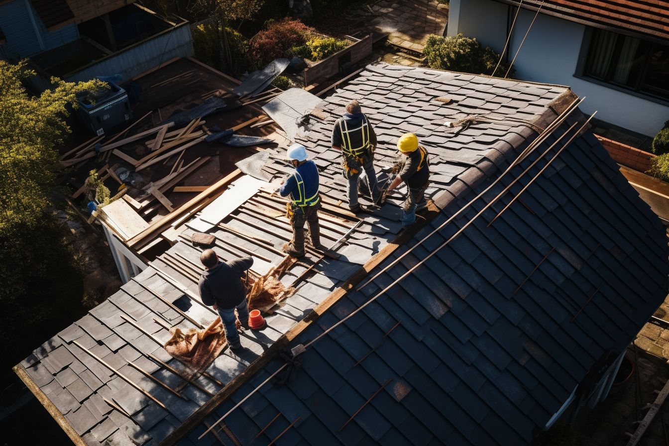A team of roofers working on a complex roof using tools.