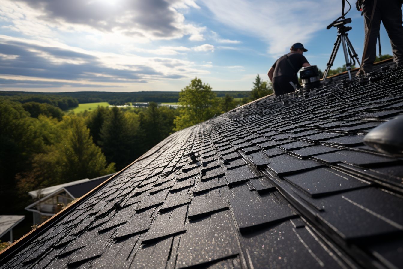 Installation of sustainable roofing material on a house. Installation of sustainable roofing material on a house.