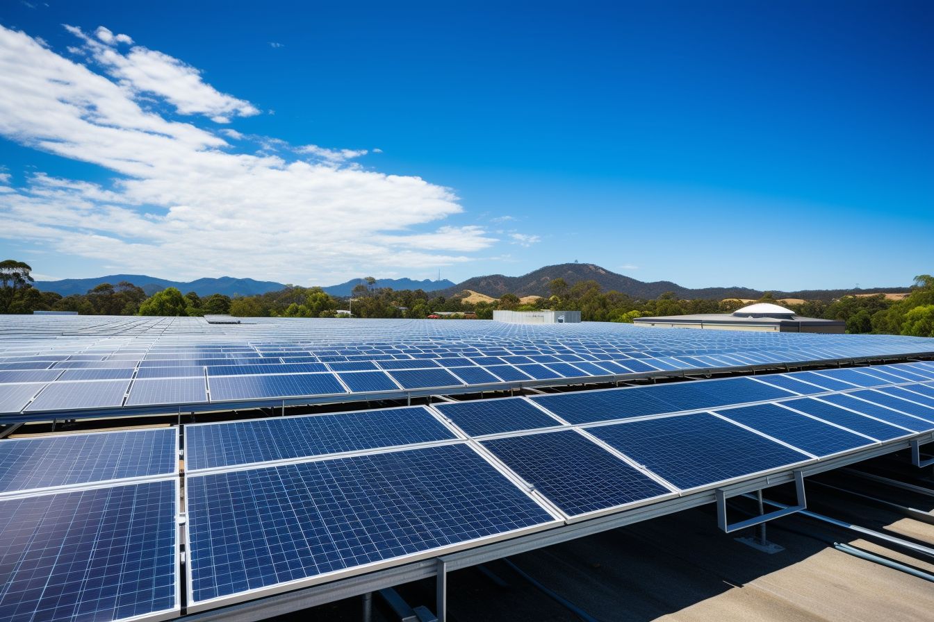 Aerial photo of a modern solar panel array on a rooftop. Aerial photo of a modern solar panel array on a rooftop.