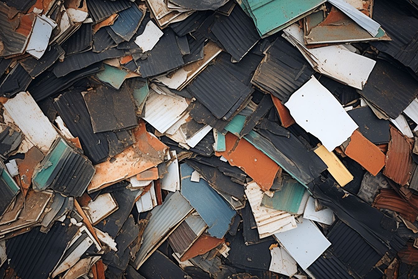 A pile of discarded roofing materials in a landfill captured from above. A pile of discarded roofing materials in a landfill captured from above.
