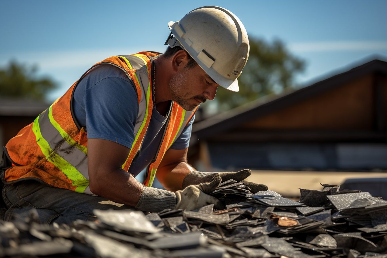 Construction worker holding recycled asphalt shingle in roof recycling process. Construction worker holding recycled asphalt shingle in roof recycling process.