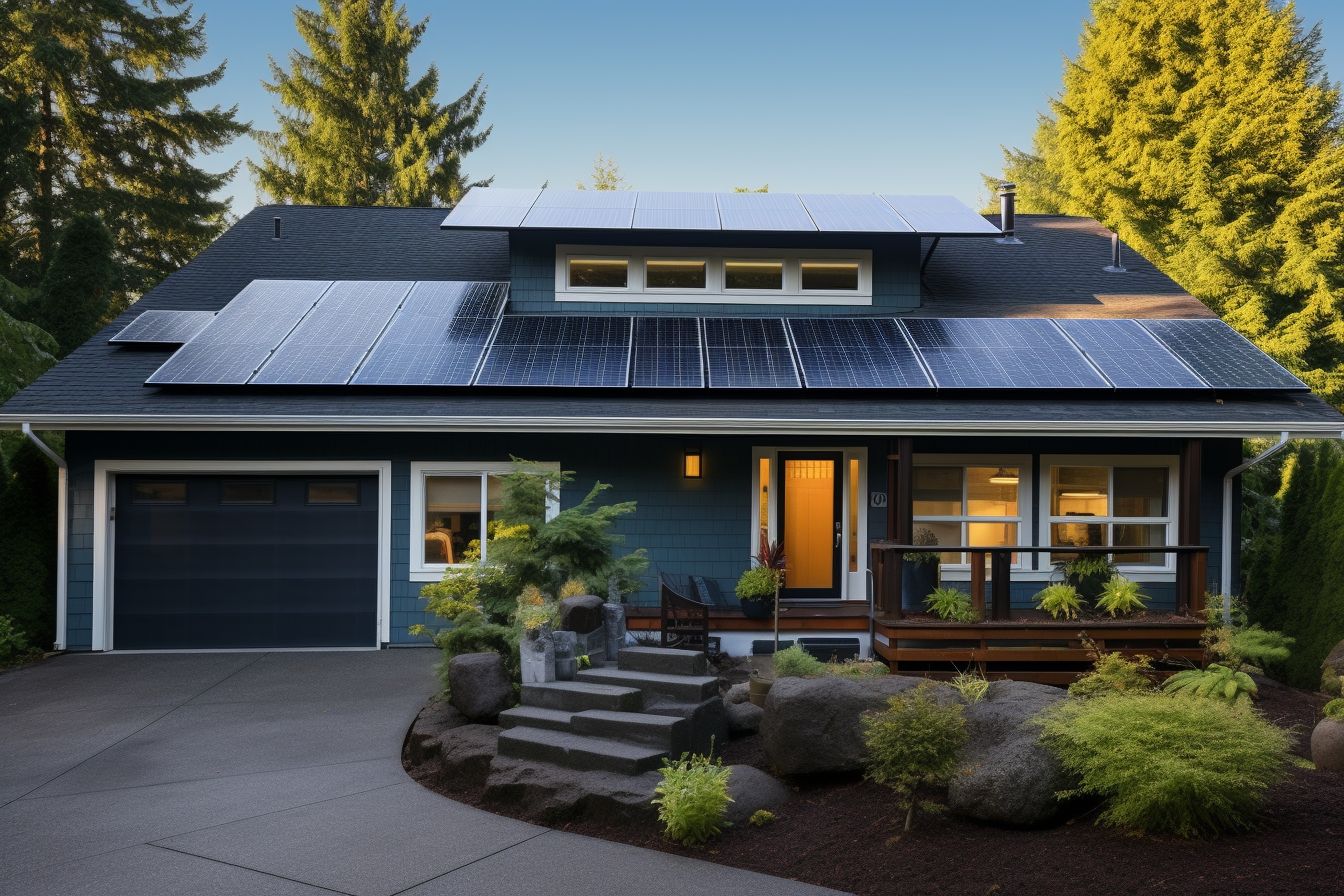 A modern house with solar shingles and a durable roof. A modern house with solar shingles and a durable roof.