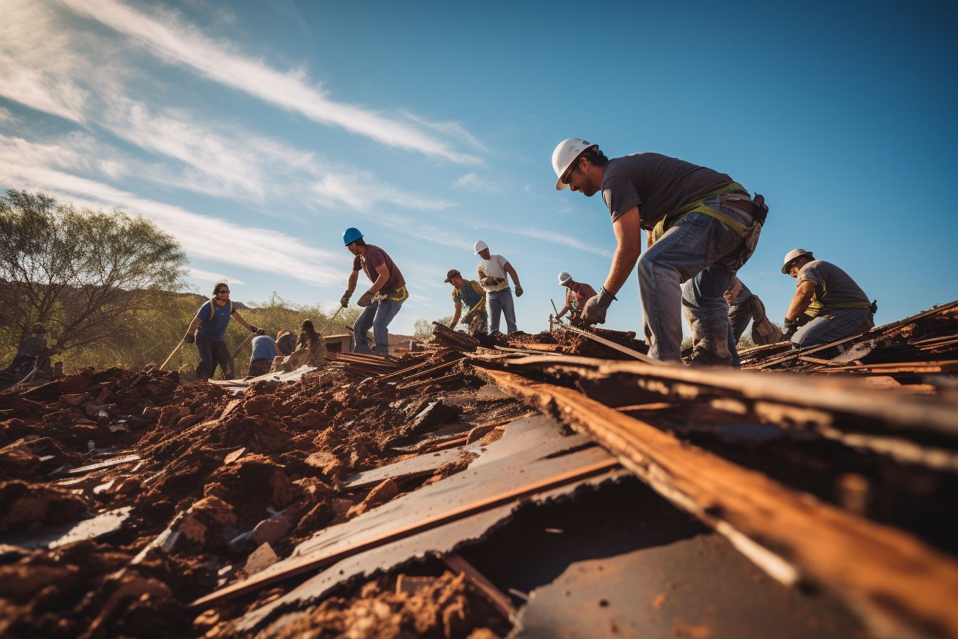 A diverse group collaborates to recycle old roofing materials. A diverse group collaborates to recycle old roofing materials.