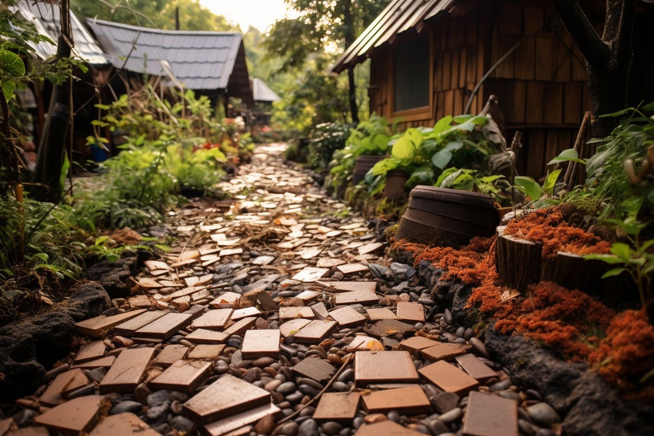 Recycled roof shingles used to create a garden pathway. Recycled roof shingles used to create a garden pathway.