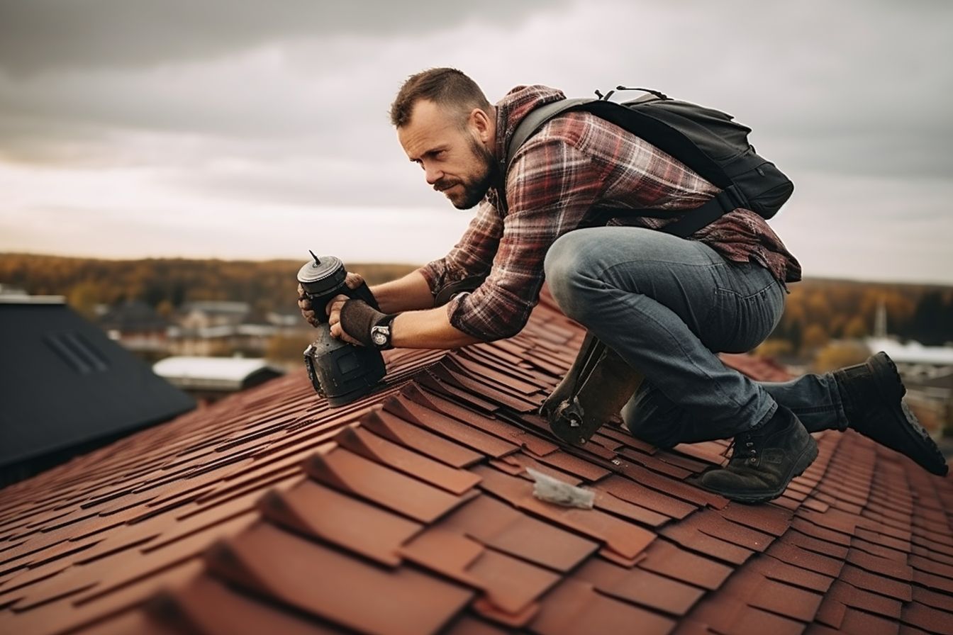 Caucasian roofer installing sustainable roof shingles with DSLR camera. Caucasian roofer installing sustainable roof shingles with DSLR camera.