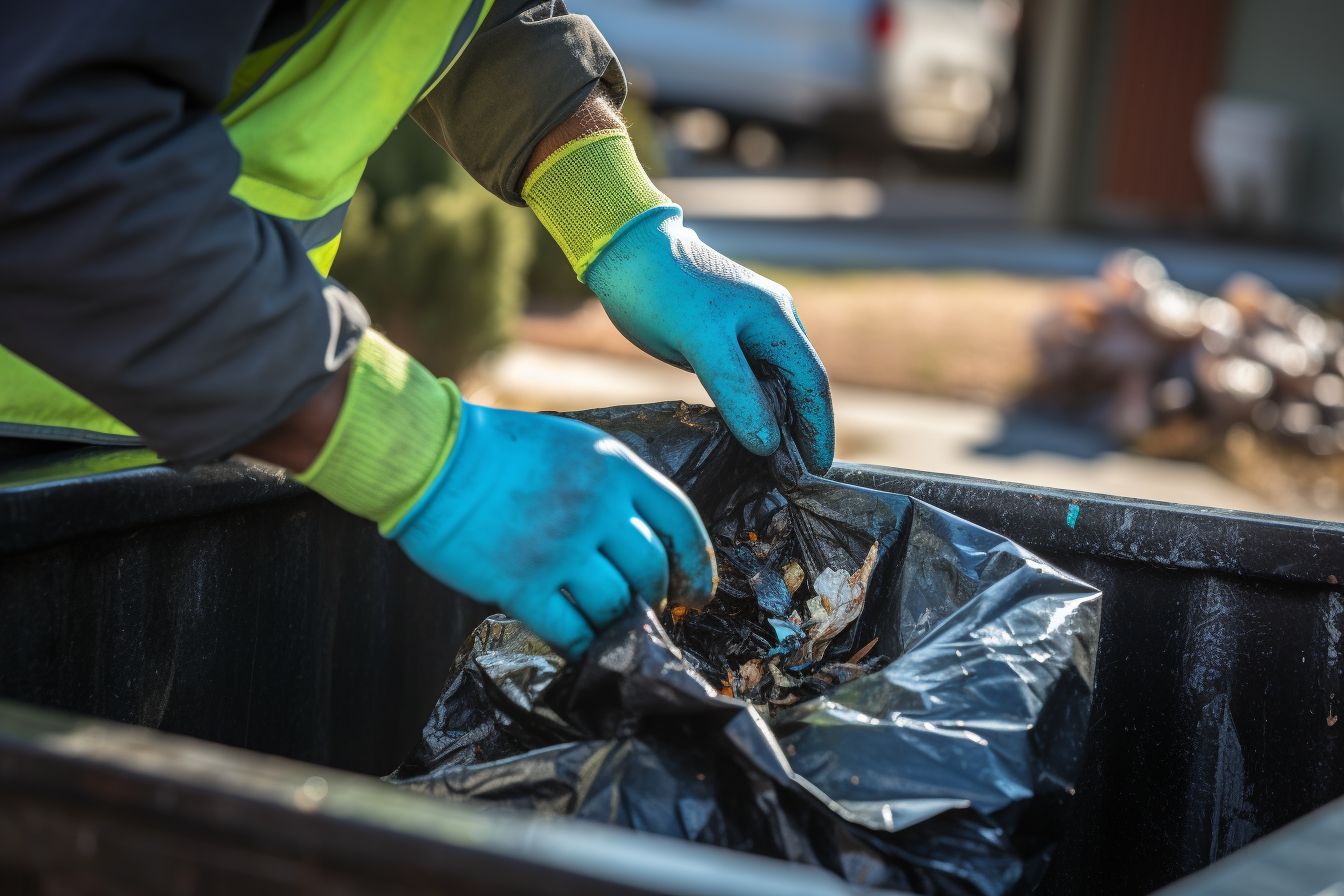 A worker disposing of old roof shingles into a recycling bin. A worker disposing of old roof shingles into a recycling bin.