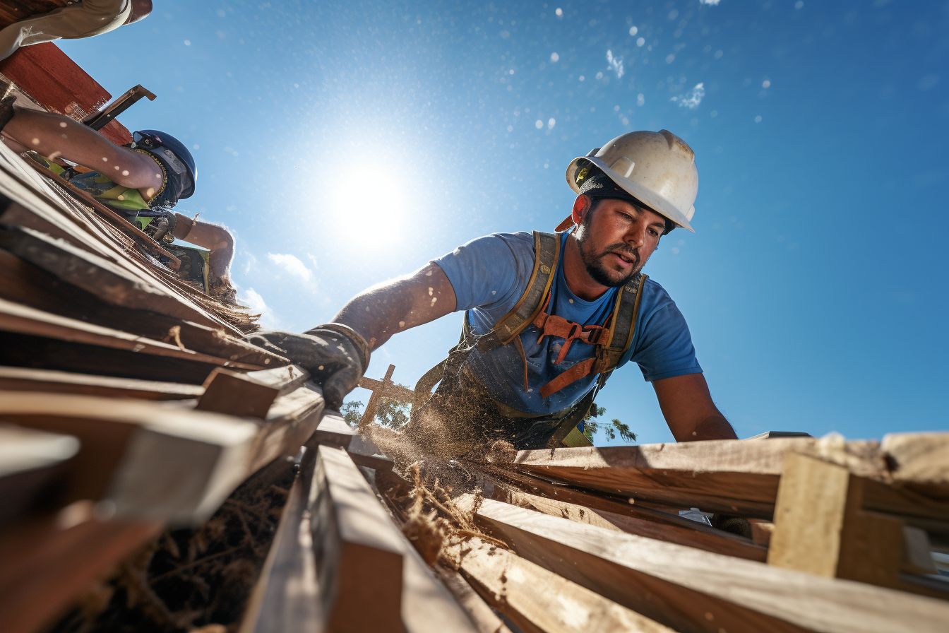 Construction worker donates roofing materials to another construction worker. Construction worker donates roofing materials to another construction worker.
