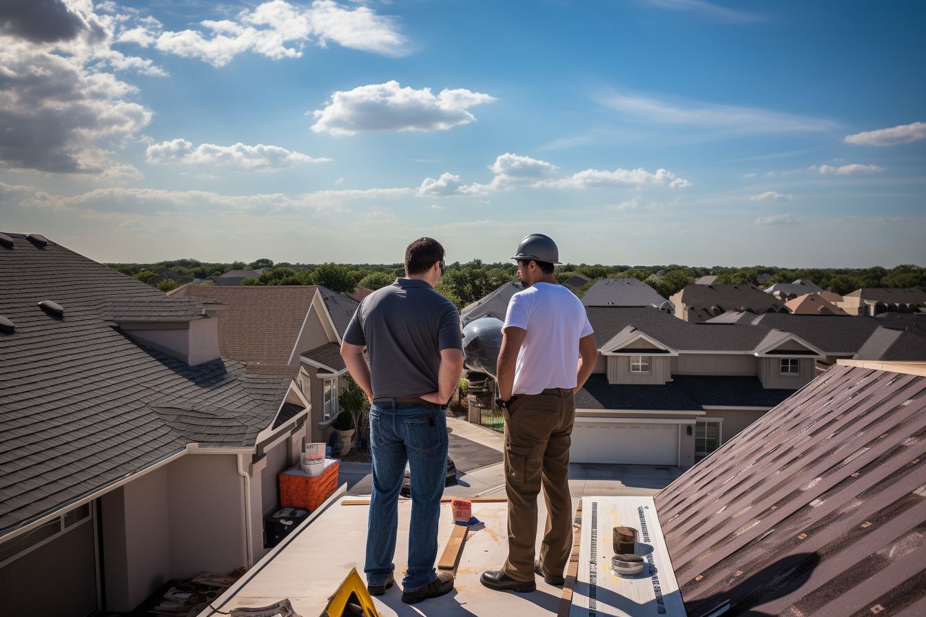 Homeowner meets with roofing contractor in wide-angle cityscape photograph. Homeowner meets with roofing contractor in wide-angle cityscape photograph.