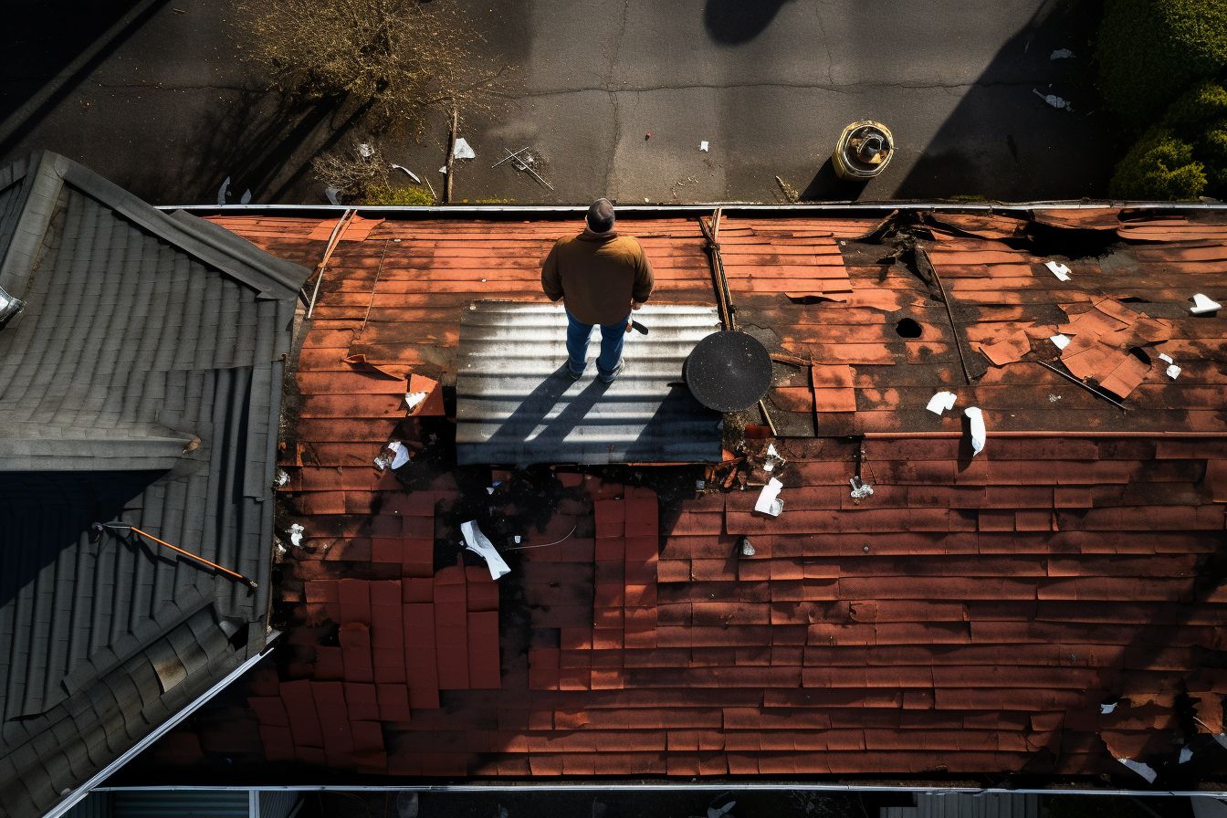 A professional roofer uses a drone to inspect a damaged roof. A professional roofer uses a drone to inspect a damaged roof.
