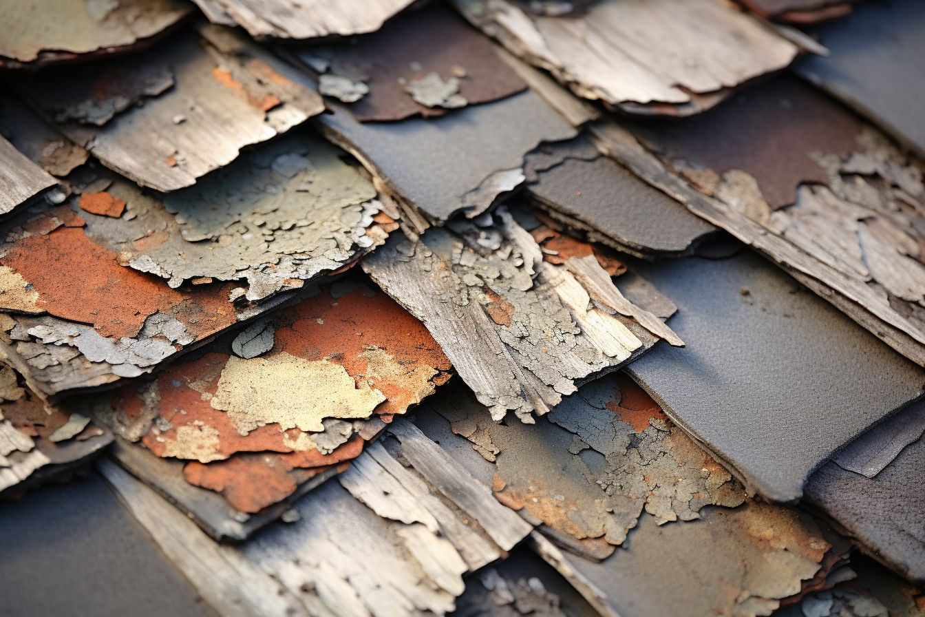 Close-up photo of damaged shingle roof with curling edges, cracks, and bald spots. Close-up photo of damaged shingle roof with curling edges, cracks, and bald spots.